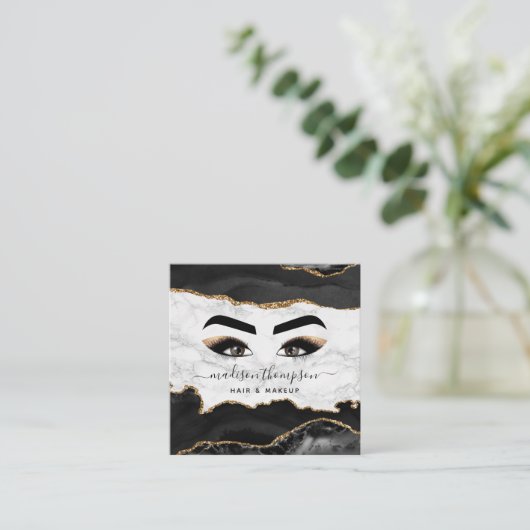 Trendy Black & Gold Girly Makeup Artist Vierkante Visitekaartje (Staand voorkant)
