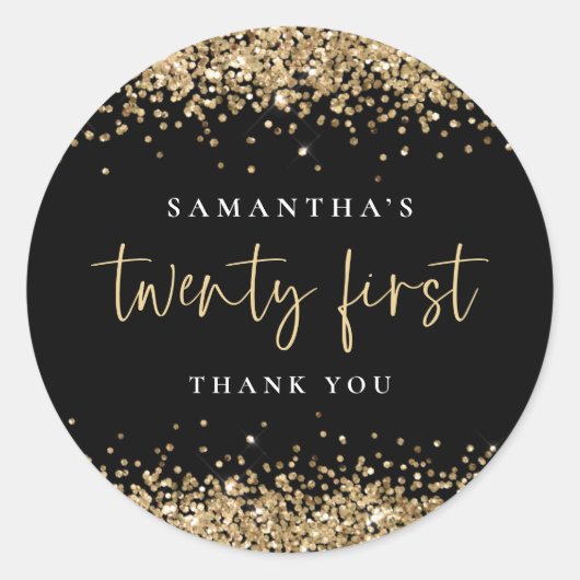 Trendy Black Gold Glitter Name 21st Hartelijk dank Ronde Sticker (Voorkant)