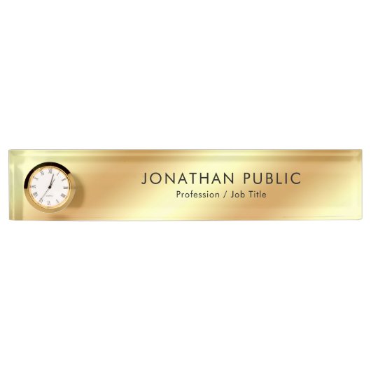 Trendy Black Gold Modern Sjabloon met clock Chic Naambordje (Voorkant)