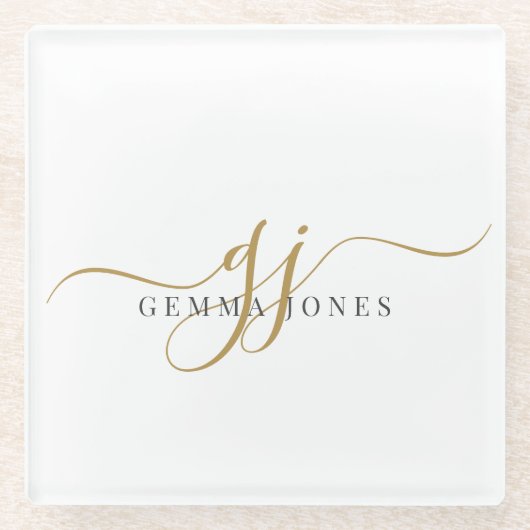 Trendy Black Gold Monogram Initiaal Script Name Glazen Onderzetter (Voorkant)