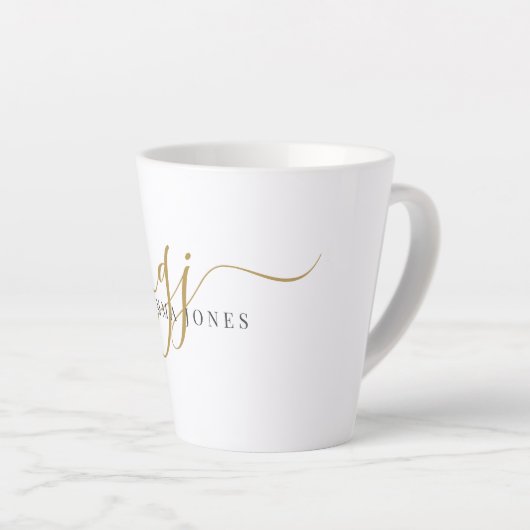Trendy Black Gold Monogram Initiaal Script Name Latte Mok (Rechterhoek)