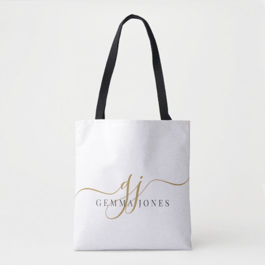 Trendy Black Gold Monogram Initiaal Script Name Tote Bag (Voorkant)