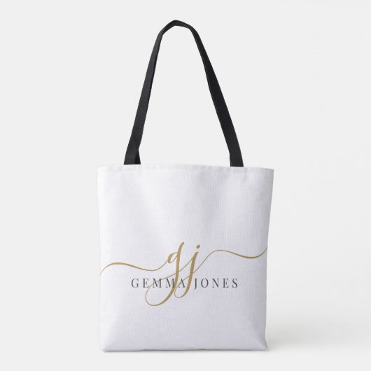 Trendy Black Gold Monogram Initiaal Script Name Tote Bag (Achterkant)