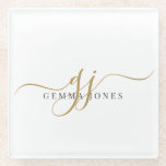 Trendy Black Gold Monogram Initial Script Name Glazen Onderzetter<br><div class="desc">Bring understated elegance to your space with this personalized monogram coaster. Designed with graceful gold script initials and a refined serif name, it’s a modern yet timeless accent that works beautifully at home or at the office. Perfect for protecting adding a touch of sophistication, this versatile piece looks just as...</div>