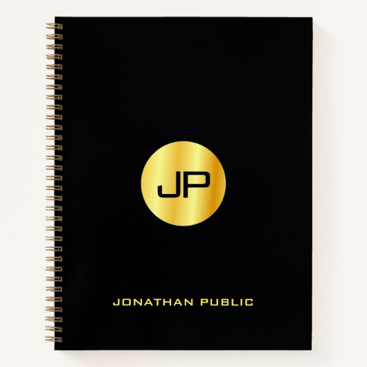 Trendy Black Gold Monogram naam Elegant Modern Notitieboek (Voorkant)