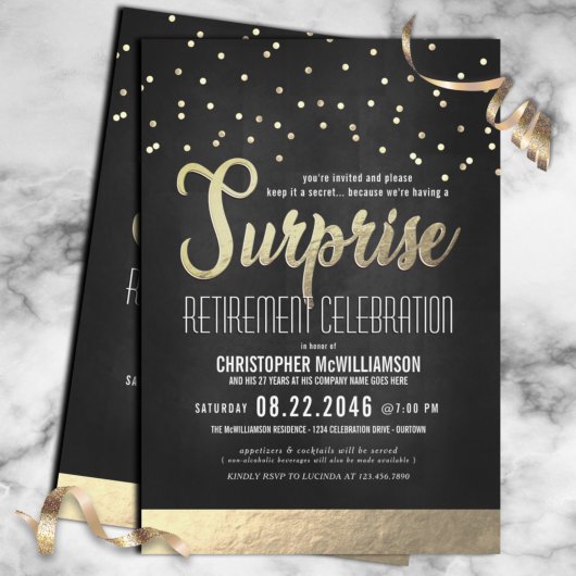 Trendy Black/Gold Surprise Retirement Party Kaart