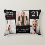 Trendy Black Happy 21st Birthday Photo Collage Accent Kussen<br><div class="desc">Dit trendy fotocollage ontwerp biedt ruimte voor drie foto's. U kunt de naam en de leeftijd van de persoon die hun verjaardag viert,  toevoegen.</div>