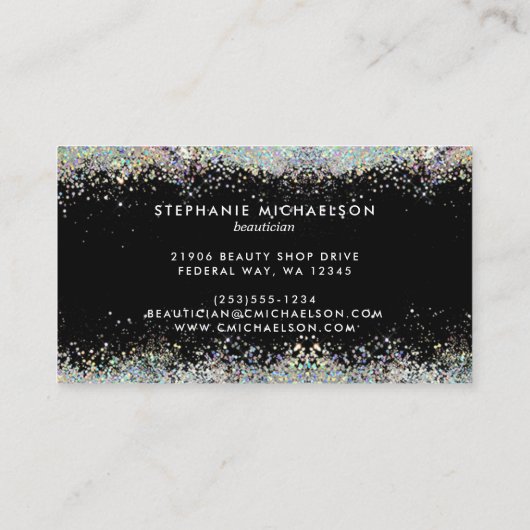 Trendy Black Holographic Glitter Hair Makeup Salon Visitekaartje (Achterkant)