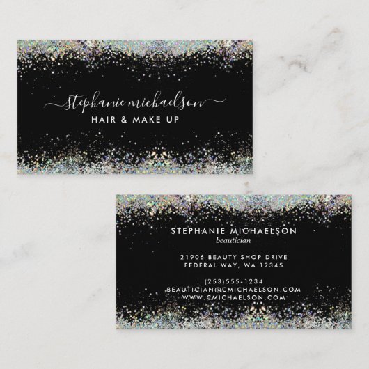 Trendy Black Holographic Glitter Hair Makeup Salon Visitekaartje (Voorkant / Achterkant)