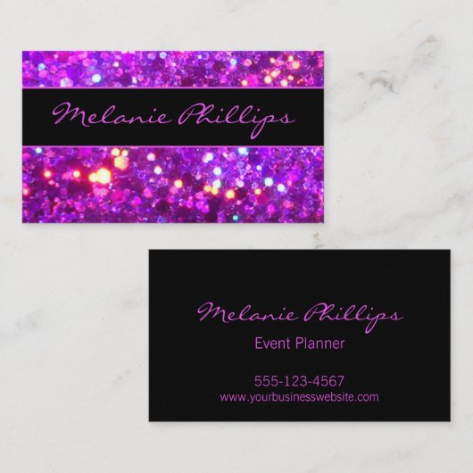 Trendy Black & Lavender Pink Chunky Glitter Visitekaartje (Voorkant / Achterkant)