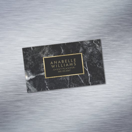 Trendy Black Marble en Printed Gold Texture Magnetisch Visitekaartje (Voorbeeld)