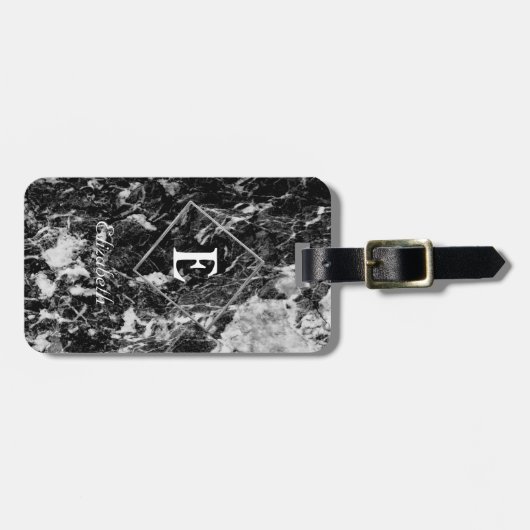 Trendy Black Marble, Lijst Monogram-Gepersonalisee Bagagelabel (Voorkant horizontaal)