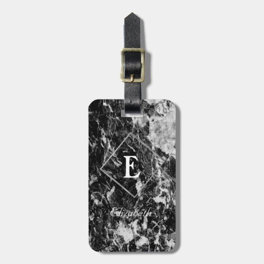 Trendy Black Marble, Lijst Monogram-Gepersonalisee Bagagelabel (Voorkant verticaal)