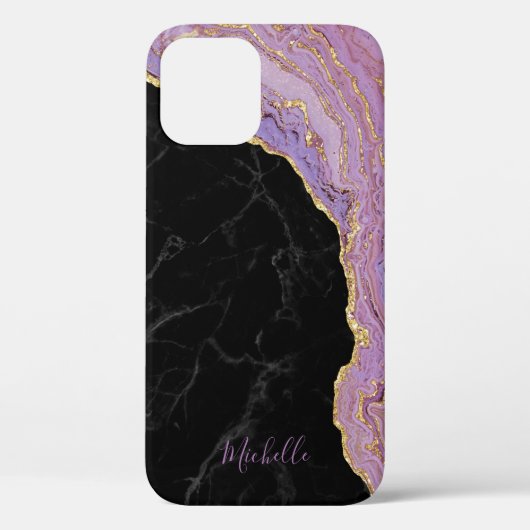 Trendy Black Marble Paars & Gold Agate met naam Case-Mate iPhone Case (Achterkant)