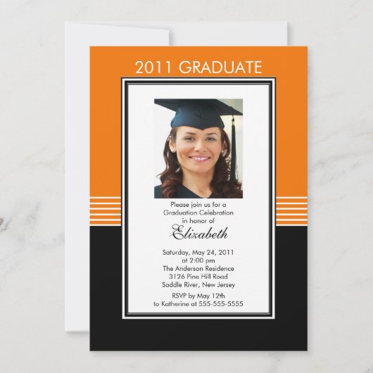 Trendy Black & Oranje Photo Afstuderen Invitation Kaart (Voorkant)