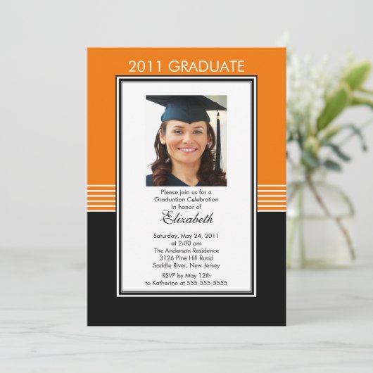 Trendy Black & Oranje Photo Afstuderen Invitation Kaart (Staand voorkant)