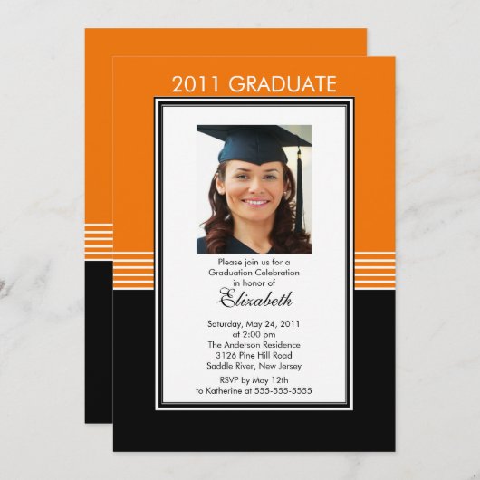 Trendy Black & Oranje Photo Afstuderen Invitation Kaart (Voorkant / Achterkant)
