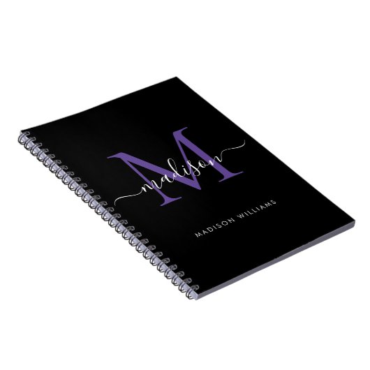 Trendy Black Paars Violet Monogram Script Name Notitieboek (Rechterzijde)