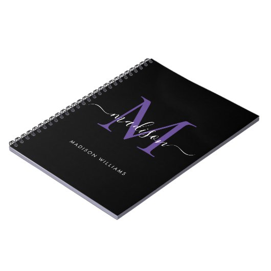 Trendy Black Paars Violet Monogram Script Name Notitieboek (Linkerzijde)