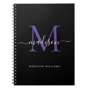 Trendy Black Paars Violet Monogram Script Name Notitieboek