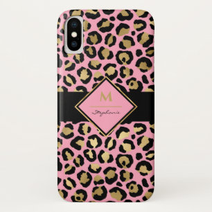 Trendy Black Pink and Gold Leopard Print  Monogram Case-Mate iPhone Case