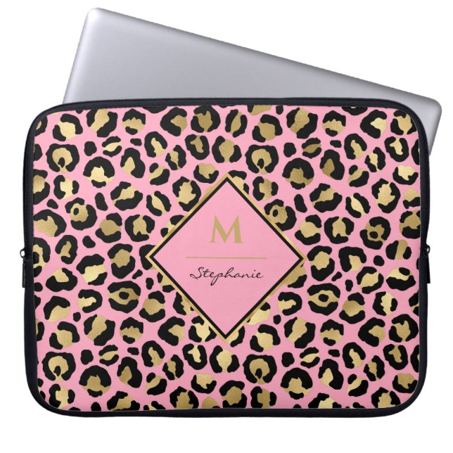 Trendy Black Pink and Gold Leopard Print |Monogram Laptop Sleeve (Voorkant)