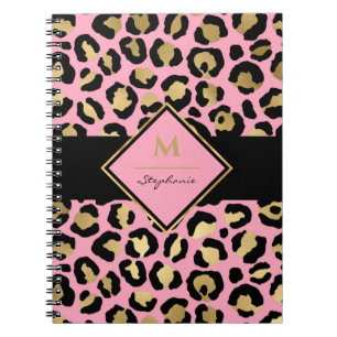 Trendy Black Pink and Gold Leopard Print  Monogram Notitieboek