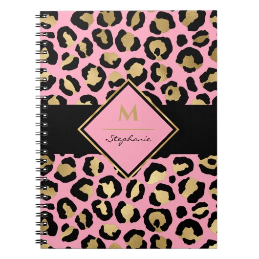 Trendy Black Pink and Gold Leopard Print |Monogram Notitieboek (Voorkant)