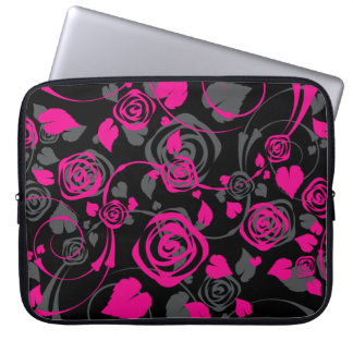 Trendy Black & Pink Floral Roos laptophoes Laptop Sleeve