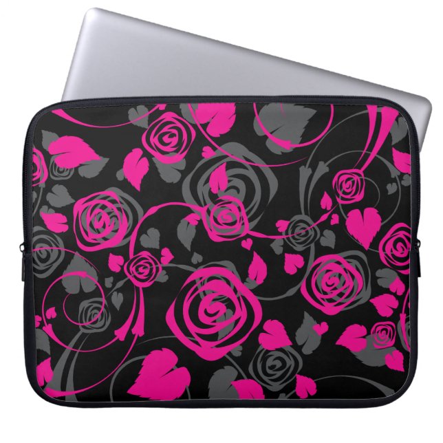 Trendy Black & Pink Floral Roos laptophoes Laptop Sleeve (Voorkant)
