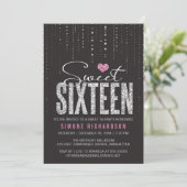 Trendy Black Pink Silver Glitter Sweet 16 Kaart (Staand voorkant)