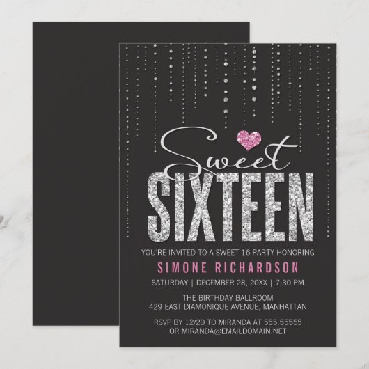 Trendy Black Pink Silver Glitter Sweet 16 Kaart (Voorkant / Achterkant)