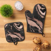 Trendy Black Rose Gold Marble Ovenwant & Pannenlap Set (Top down)