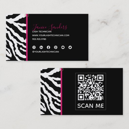 Trendy Black & Roze zebra Print QR CODE Visitekaartje (Voorkant / Achterkant)