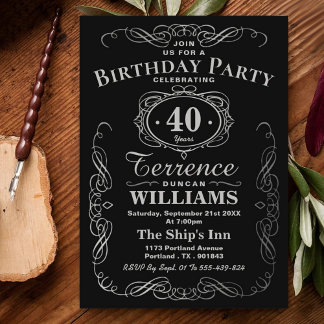 Trendy Black & Silver Typography Birthday Party Kaart