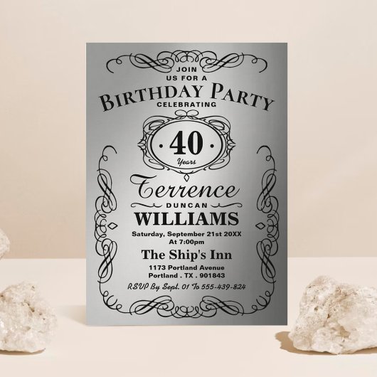 Trendy Black & Silver Typography Birthday Party Kaart