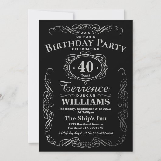 Trendy Black & Silver Typography Birthday Party Kaart (Voorkant)
