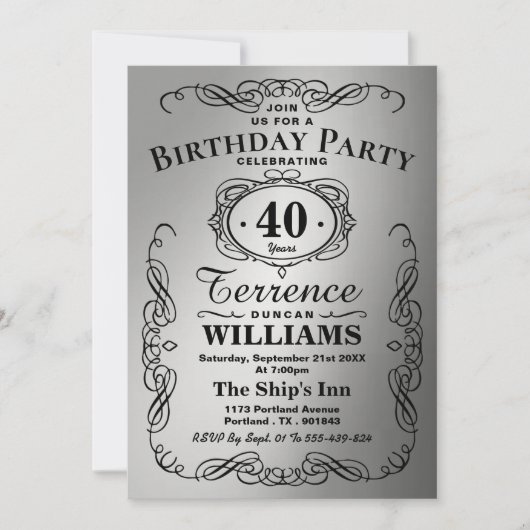 Trendy Black & Silver Typography Birthday Party Kaart (Voorkant)