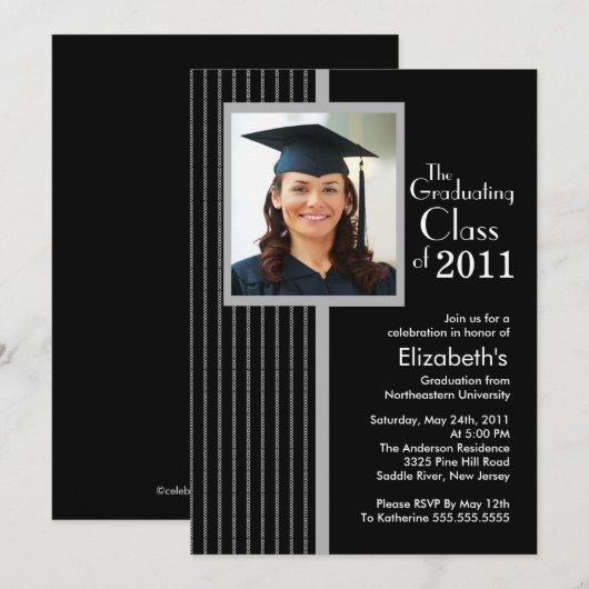 Trendy Black Stripes Photo Afstuderen Invitation Kaart (Voorkant / Achterkant)