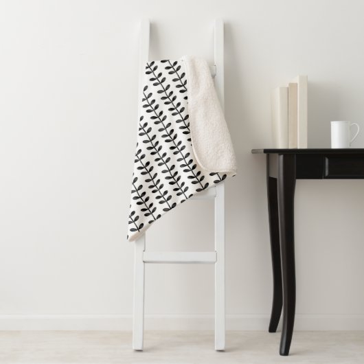Trendy Black & White Artsy Leaf Pattern Sherpa Deken (In situ)
