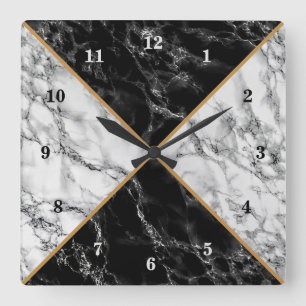 Trendy Black & White Check Marble Stones - Luxe Vierkante Klok