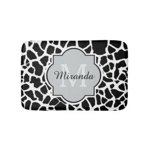 Trendy Black White Giraffe Print Monogramed Name Badmat