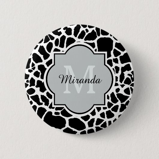 Trendy Black White Giraffe Print Monogramed Name Ronde Button 5,7 Cm (Voorkant)