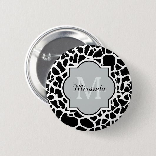Trendy Black White Giraffe Print Monogramed Name Ronde Button 5,7 Cm (Voorkant /achterkant)