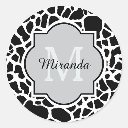 Trendy Black White Giraffe Print Monogramed Name Ronde Sticker (Voorkant)