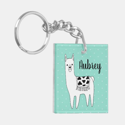 Trendy Black & White Llama & Swiss Stippen in Mint Sleutelhanger (Voorkant Links)
