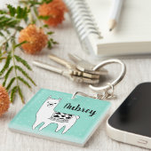 Trendy Black & White Llama & Swiss Stippen in Mint Sleutelhanger (Voorkant Rechts)