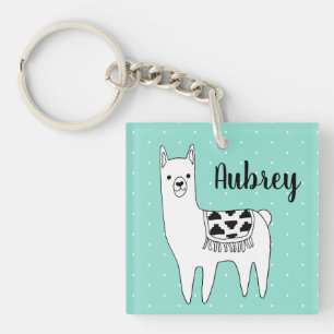 Trendy Black & White Llama & Swiss Stippen in Mint Sleutelhanger