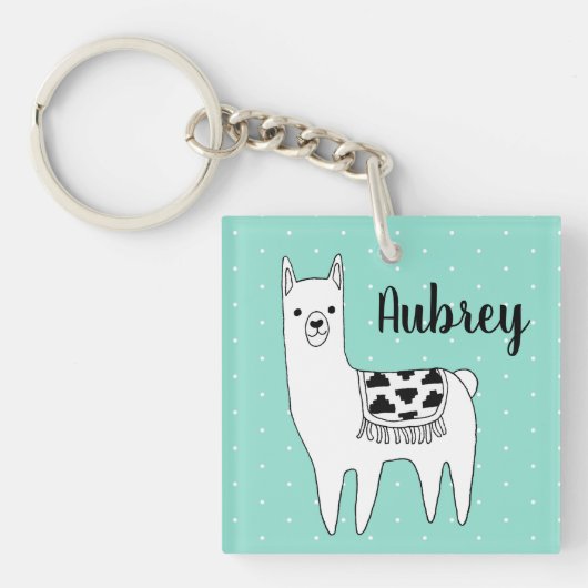 Trendy Black & White Llama & Swiss Stippen in Mint Sleutelhanger (Voorkant)