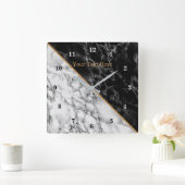 Trendy Black & White Marble Stone - Voeg Jouw teks Vierkante Klok (Huis)